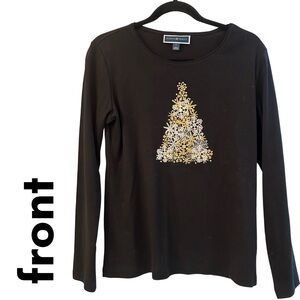 Karen Scott Black TShirt with Gold & Silver Christmas Tree [womens small]